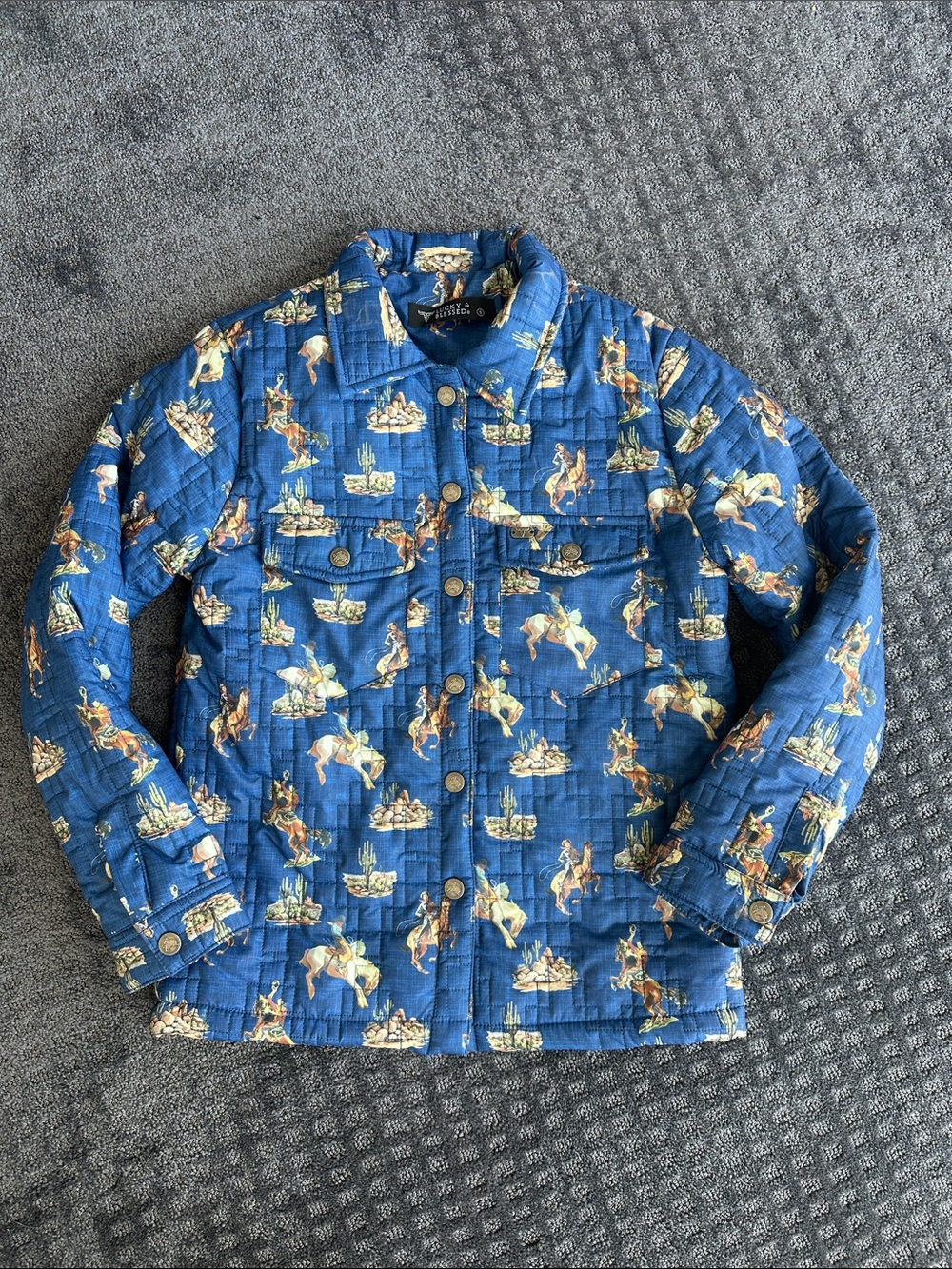 Lucky & Blessed Blue Quilted Western Print Jean Jacket